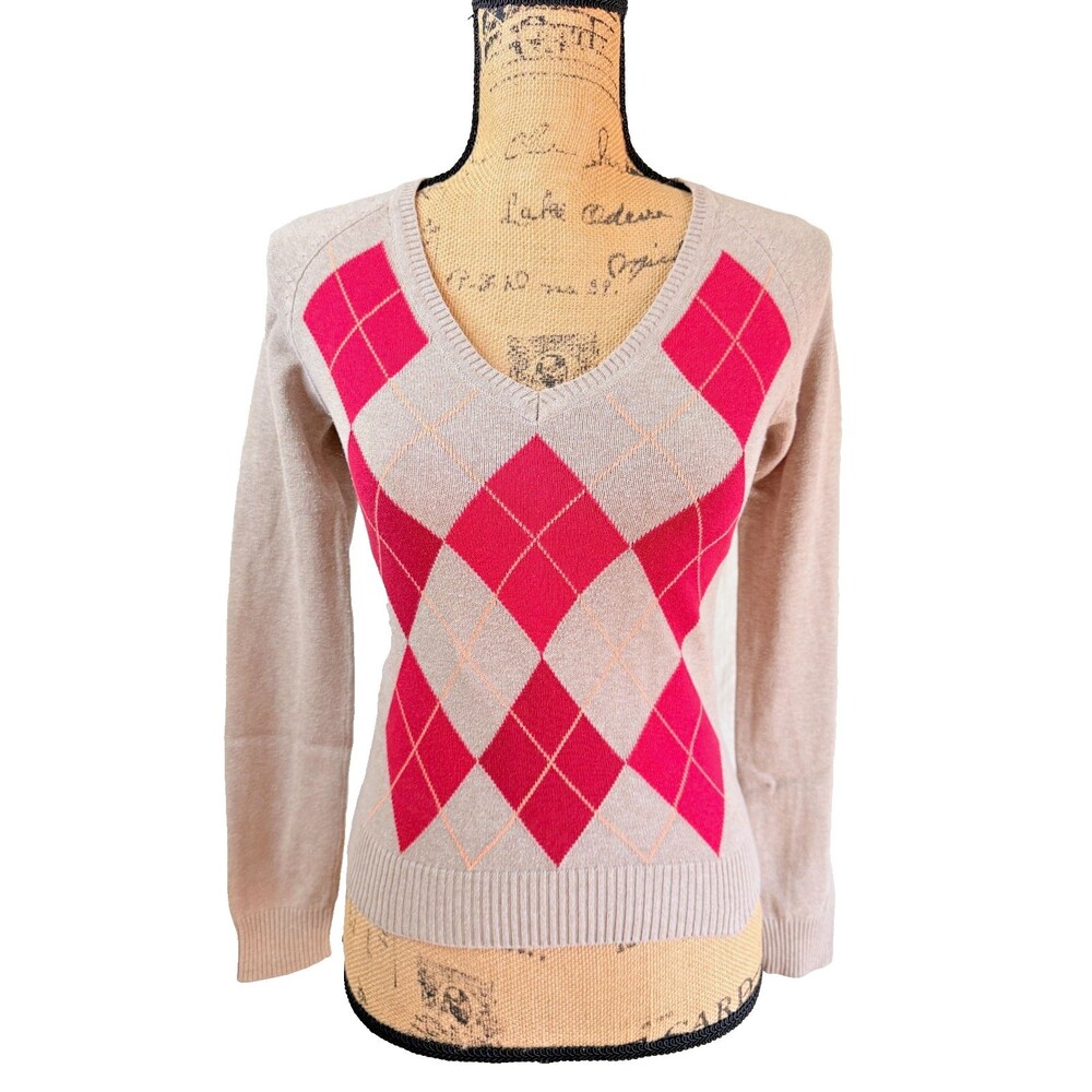 Zara Women Argyle V Neck Sweater Beige Red 100% Cotton Knit Size S
